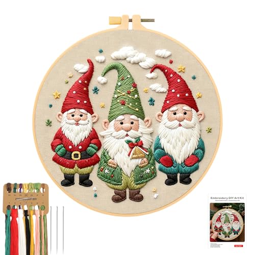 JSRQT Navidad Duendes Kit de Puntadas de Bordado para Principiantes,Papá Noel Kits de Bordado Punto de Cruz, Christmas Kit de Inicio de Bordado para Principiantes Adultos