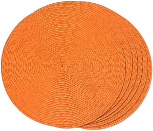 FunWheat Round Braided Placemats Set of 6 Table Mats for Dining Tables Woven Washable Non-Slip Place mats 15 inch (Orange, 6pcs)