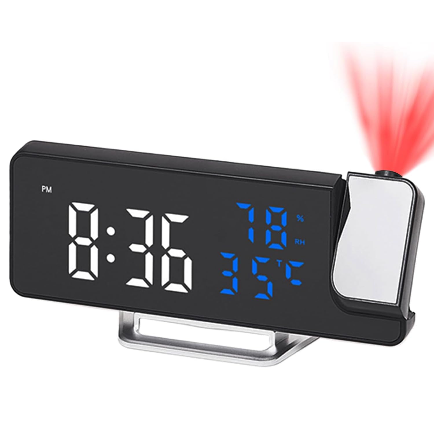 Maoskax Black Case White And Blue Digit Projection Alarm Clocks Bedside, Led Digital Clock With 180° Rotating Projector Temperature Date And Humidity Display Adjustable Brightness, 12/24H Format, Snooze, Usb Powered For Bedroom Home Office