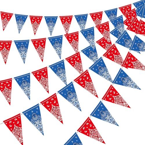 49 ft Western Cowboy Party Decor Bandana Pennant Banner, Red Blue, Paisley
