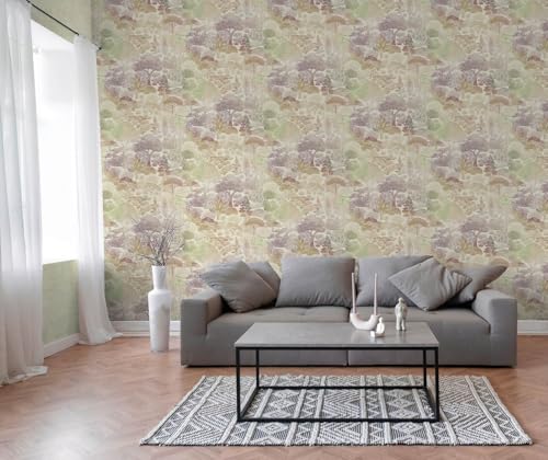 Papel pintado bosque lavable para tapar imperfecciones en paredes crema y verde 8