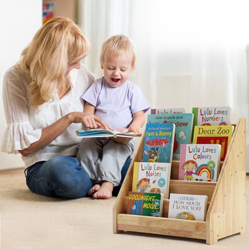 Image of Nuoex Montessori Bookshelf for Toddler 1-5 Years, Kids Wooden 5-Tier Front Facing Book Display Shelf with Chalkboard for Bedroom,Playroom,Classroom,Book Rack Organizer, Natural