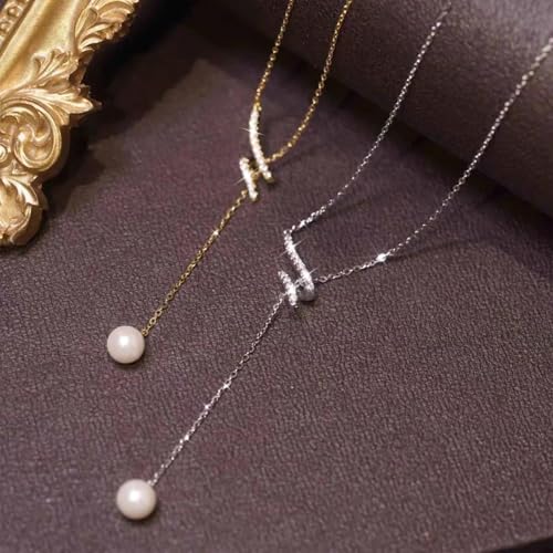 Pearl Necklace for Women 925 Sterling Silver Pearl Drop Y Necklace with Cubic Zirconia Crystal Ball Sparkle Necklace for Brides Adjustable Wedding Necklace Birthday Everyday Jewelry3