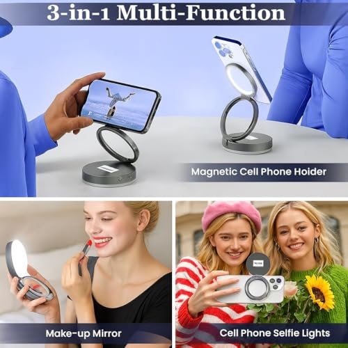 Image of Coslifestore Magnetic Selfie Ring Light with Makeup Mirror, 3 Color Modes 2700K, 5600K, 7500K, 360 Rotation & 180 Pan, Type-C, Use with Smartphones, Laptops & Tabs for Vlogs, Meetings & Makeup