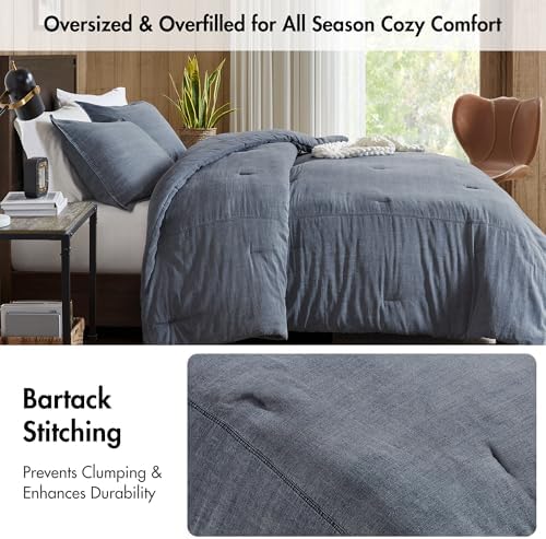 Woolrich Queen Comforter Set Cotton Stone Washed, Oversized Comforters Queen Size Bed, All Season Down Alternative Overfilled Queen Size Comforter, McKenzie, Full/Queen Blue 3 Piece - Thumbnail 3