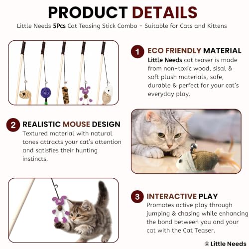 Image of Interactive Cat Teaser Stick Combo of 5 - (Mouse Bell, Stripe, Brown Rabbit, Sisal Mouse & Pink Puppy) with Attached Bell | Fun, Engaging Toy for Cats & Kittens | Indoor & Outdoor Play