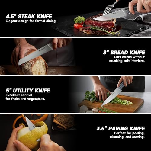 Image of KEYCUT 13 PCS Knife Set with Block, Upgraded 5Cr15Mov High Carbon Stainless Steel Kitchen Knife Sets with Block and Sharpener, Ergonomic Full-Tang Handle, Professional Kitchen Knife Set