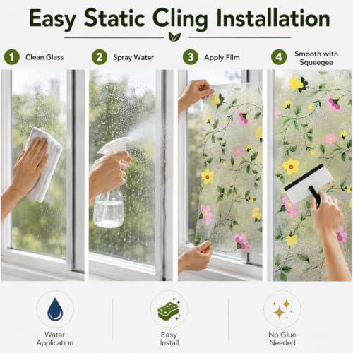 Image of Self Adhesive Window Privacy Film for Glass Windows & Doors | UV Blocking, Heat & Glare Reduction | Decorative Frosted Glass Film Easy to Apply (Frosted White with Yellow, 24X110 Inch)