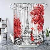 Tingrun Eiffel Tower Shower Curtain Romantic Couple Red Umbrella Trees Watercolor Paris City Scene Creative Building Retro Theme Picture Fabric Bathroom Curtain Set 71x71 Inch with Hooks