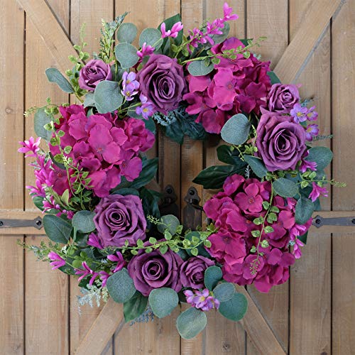 Bibelot Artificial Purple Rose Wreath 20 Inches Front Door Wreath With Hydrangea Green Leaves Wreath Artificial Spring Wreath Valentines Mother's Day Wreath For Wall Wedding Party Home Decor (Purple) #TOP3