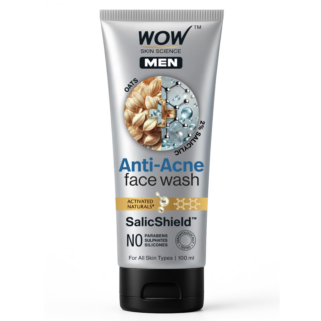 WOW Skin Science MEN OAT EXTRACT + 2% SALICYLIC ACID Anti-Acne Face Wash | Targets Acne & Prevents Breakouts | SalicShield™ Technology | No Sulphates, Parabens or Silicones | 100ml