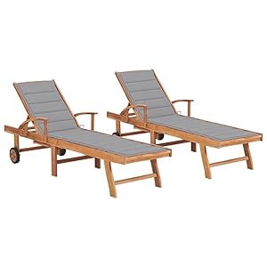 vidaXL 2X Madera Maciza de Teca Tumbonas con Cojín Hamaca Playa Piscina Cama Patio Terraza Balcón Jardín Cómodo Acolchado Relajante Gris