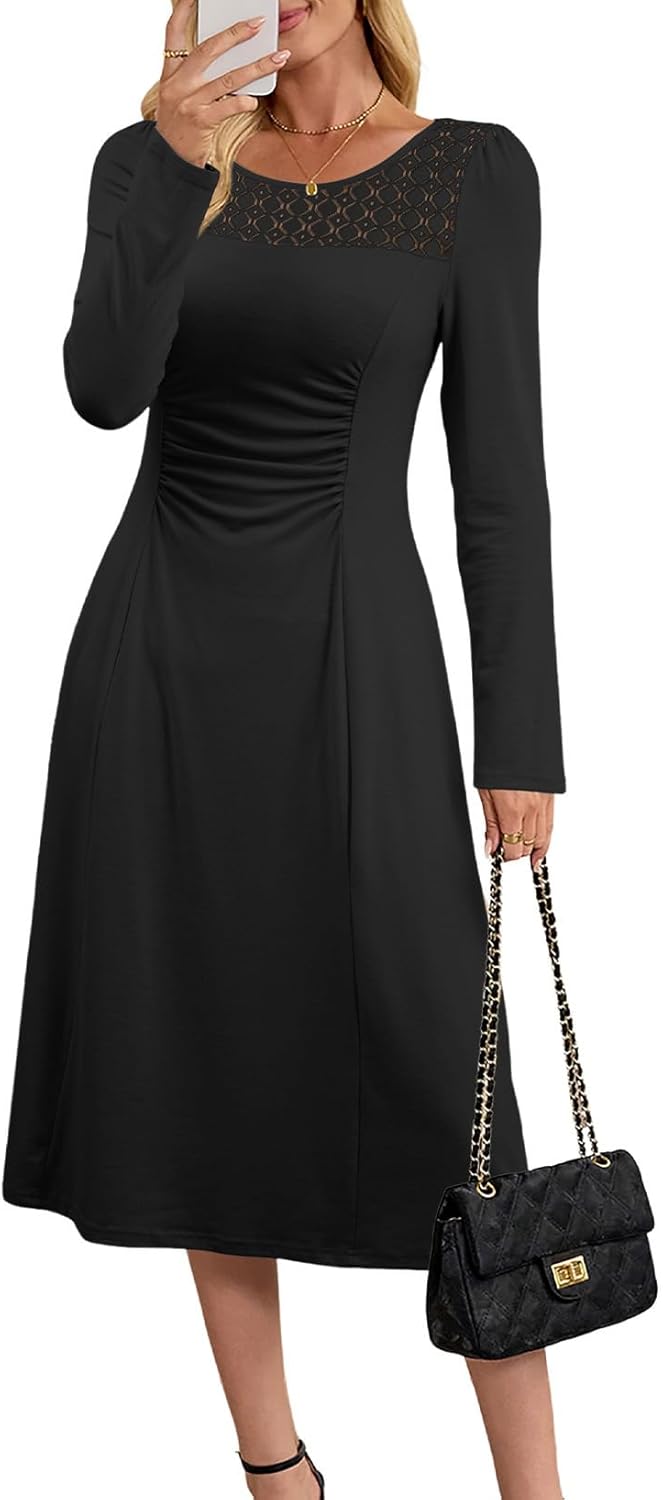 Dokotoo Women's Casual Long Sleeve Dresses Fashion Fall Lace Crewneck Elegant Solid Formal Midi Dress