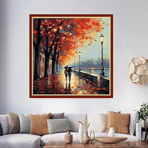 Image of Foxhool Beginners Cross Stitch Kits Stamped Full Range of Embroidery Kits for Adults DIY Cross Stitches kit Embroidery Patterns for Needlepoint kit-Strolling on a Rainy Night 17.7x17.7 inch