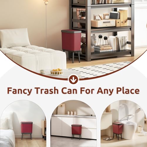 Image of Slim Kitchen Trash Can with Legs, 4 Gallon Bathroom Wastebasket with Press Top Lid, Rectangle Red Garbage Can with Lid, Small Plastic Trash Can for Toilet, Bedroom, Living Room, Dorm