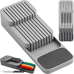 Cajones Cuberteros Retoo Bloque de cuchillos profesional de 2 niveles de 40 cm para 18 cuchillos, soporte universal para hasta 6 cuchillos de cocina grandes, compartimento para utensilios de cocina, taller, color gris