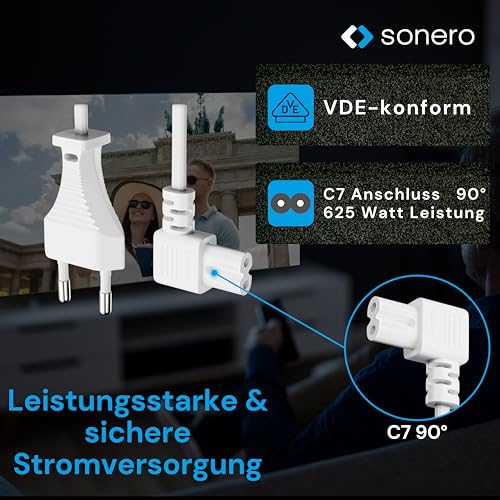 Sonero Euro-przewód zasilający, kabel zasilający do urządzeń gospodarstwa domowego, wtyczka euro do gniazda IEC 90° C7, 1,50 m, biały