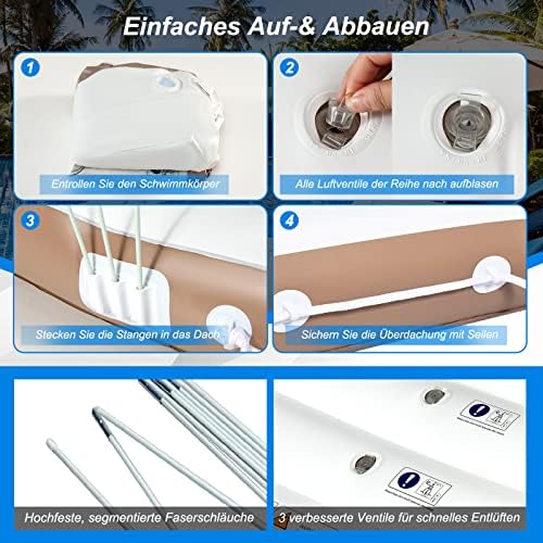 FANTASK Luxus-Inselbett XXL, Aufblasbare Schwimminsel mit einziehbarer & Abnehmbarer Überdachung, Badeinsel mit 2 Getränkehaltern 180 x180 x160 cm, Weiß, Braun, Silber
