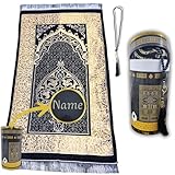 Luminoza Gebetsteppich mit Namen schwarz Islam Geschenkset mit Gebetskette und Tasche to go | Muslimische Ramadan | Dekoration Islam | Islamische Geschenke | Prayer mat (Schwarz)