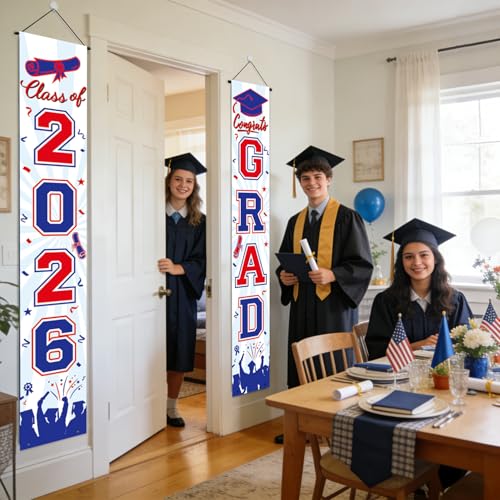 Image of Graduation Decorations 2026 Porch Banner, Graduation Banner Class of 2026, Red and Blue Congrats Grad Decorations for Door and Porch Party Supplies