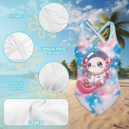 Image of Axolotl Star Kids Swimwear for Girls 5-6 Years Trendy Cross-Back Design One Piece Swim Suit Quick-Dry Bathing Suit Swimwear Fashion Lightweight Fabric for Vacation