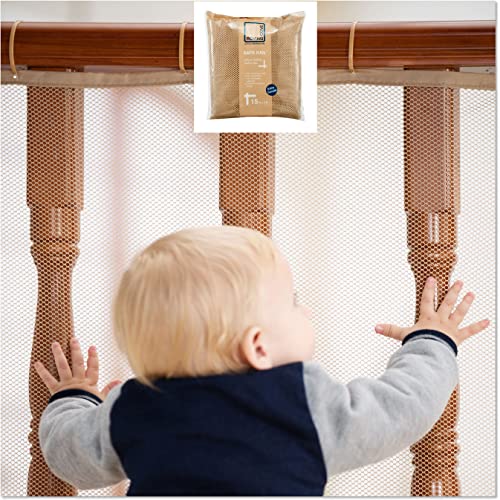 Image of Roving Cove Stair Banister Guard 15ft x 3ft, Railing Safety Net for Baby Proofing, Child Safety Stairway Cover, Balcony Mesh Netting, Almond Brown