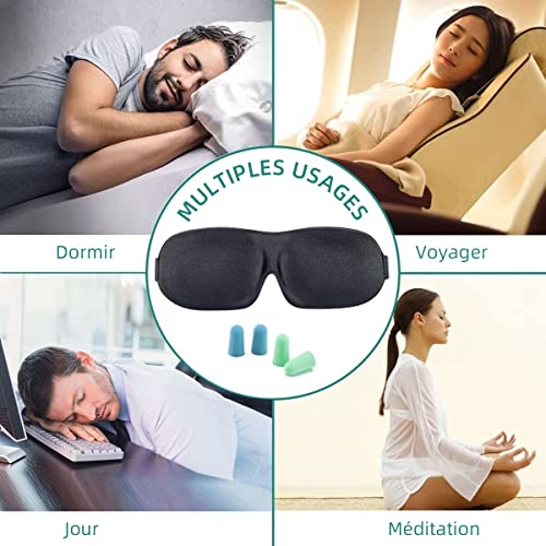 Masque de Nuit, Masque de Sommeil pour Homme Femme, Trilancer Masque de Voyage 3D Anti-lumière, avec 2 Bouchons d'oreilles (Noir) – Image 7