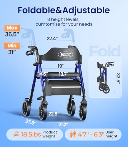 Image of VOCIC Z21 Rollator Walker for Seniors with Seat, 8 inch All Terrain, 350 LBS | Lightweight Foldable & Dual Height Adjustable for Seniors, Ergonomic Arc Seat&6 inch Ultra Backrest Provide Comfort, Blue