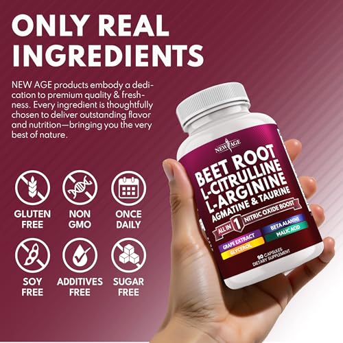 Image of NEW AGE Beet Root Capsules - L Arginine, L Citrulline, Nitric Oxide, Beetroot Powder, Arginine, Citrulline Supplement - 180 Vegan Capsules