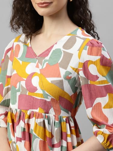 Image of DEEBACO Women's Abstract Print Top & Pants Co Ord Set for Women V Neck 3 /4 Puff Sleeve Ladies Party Casual Wear Fashionable for Girls Loose Fit Cord Set (DBCOMR00000984 XL Multicolor)