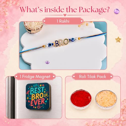 Image of BRO Kids Rakhi for Brother | Stylish Evil Eye Rakhi for Boys, Bhai, Bhaiya | Raksha Bandhan Rakhi Gift Combo Set with Best Bro Ever Fridge Magnet & Roli Tilak Pack for Brother Gift Set Rakhi