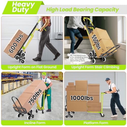 Image of Heavy Duty Stair Climbing Hand Truck - 1000 LBS Capacity 4-in-1 Convertible Dolly Cart, Foldable Platform Utility Cart for Moving Boxes, Industrial Grade Steel Construction(Green)