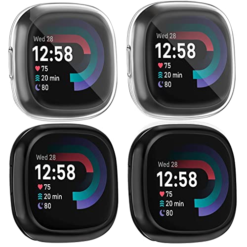 [4 Pack] Screen Protector Case Compatible For Fitbit Sense 2 / Fitbit Versa 4, Slim Fit Full Protective Cover Shockproof Bumper Glossy Soft Tpu Sense 2 Smartwatch Case Cover (Black+Black+Clear+Clear) #TOP8