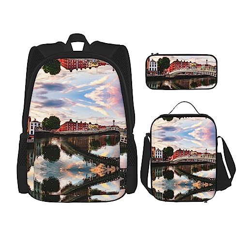 Sac à dos de voyage léger OdDdot ensemble 3 pièces imprimé rivière et pont pour les sorties
