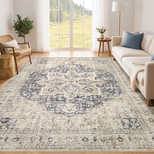 Tortania Area Rug Living Room Rugs - 6x9 Washable Boho Rug Vintage Oriental Distressed Farmhouse Large Thin Indoor Carpet for Living Room Bedroom Under Dining Table Home Office - Cream Blue