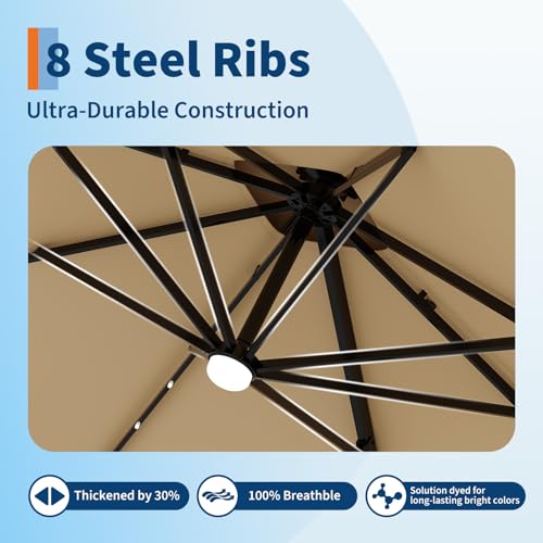 Garvee 10FT Cantilever Patio Umbrella with Solar Lights, 360° Rotation Offset Umbrella, Easy Crank & Tilt Adjustment, UV Protection for Backyard, Poolside, Deck -Tan
