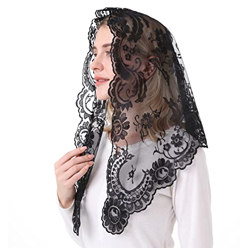 Embroidery Lace Veils Catholic Church Mantillas Chapel Scarf Lace Mass (black) - Thumbnail 7
