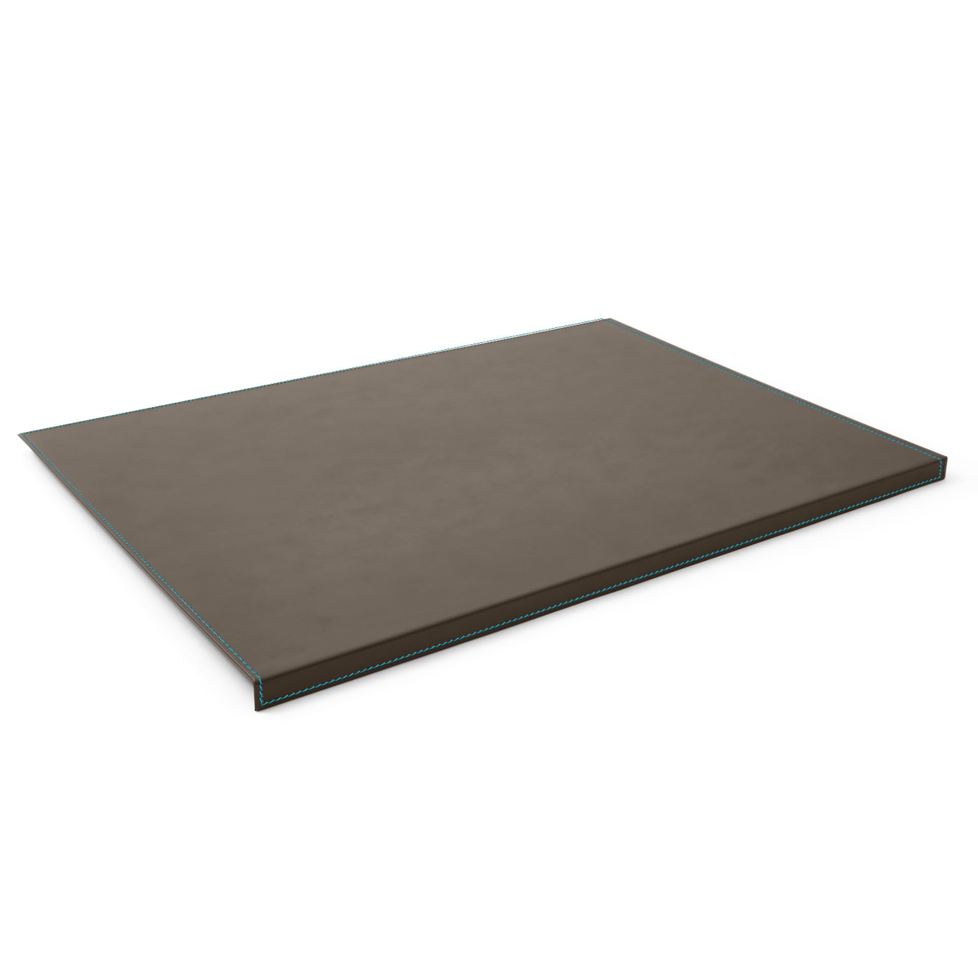 Eglooh - Calliope Deluxe – podkładka na biurko ze skóry, szarobrązowa (taupe), z zabezpieczeniem krawędzi, 70 x 50 cm, zagięta podkładka do pisania z konstrukcją ze stali, niebieskie szwy i antypoślizgowe dno – Made in Italy