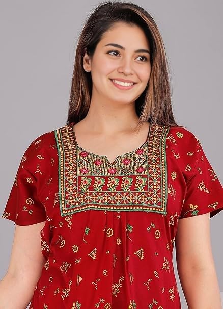 Image of NILOUFO Women's Cotton Jaipuri Nighty Gown - Pack of 2 Rajasthani Print Night Dresses | Maxi Sleepwear with Pocket | Soft Embroidered Loungewear for Ladies