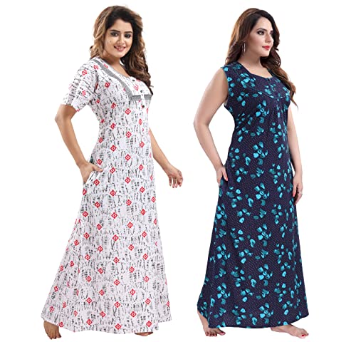 YKI® Women's/Girls Cotton Fabric Beautiful Print Nighty/Nightgown/Nightwear/Nightdress with Pocket (Pack of 2)