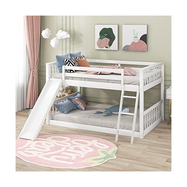 Harper bright designs kids floor bunk beds full over full bunk bed with convertible slide and ladder wooden low bunk bed frame for kids toddlers teens no box spring needed full white  urban country home decor