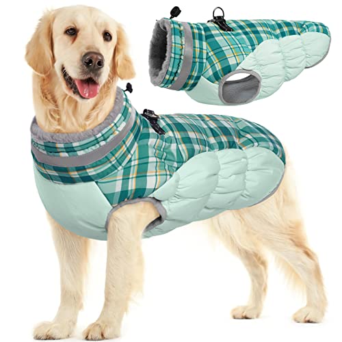 Image of FUAMEY Dog Jacket for Large Dogs Warm Dog Jackets with Harness Built in | Dog Winter Jacket Cold Weather Snow Puppy Vest Water-Resistant Zip up Dog Fleece Jackets High Visibility Green Plaid XL