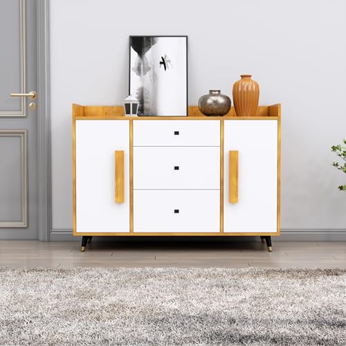 Image of Bniture Wooden Sideboard Cabinet for Living Room | Wooden Storage Cabinet with 2 Door & 3 Drawer | Engineered Wood Multipurpose Cabinet with Spacious Shelves for Home | Giant Wood & Frosty White