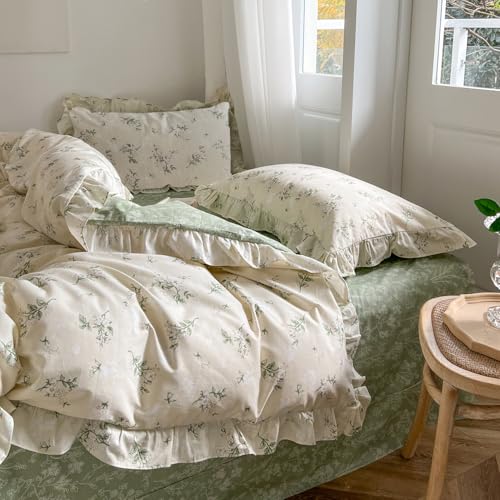 Image of MKXI Botanical Floral Duvet Cover Full Beige Girls Floral Ruffled Bedding Set Cottagecore Flower Comforter Cover Green Reversible Aesthetic Bed Set Cotton Elegant Style Students Duvet Cover