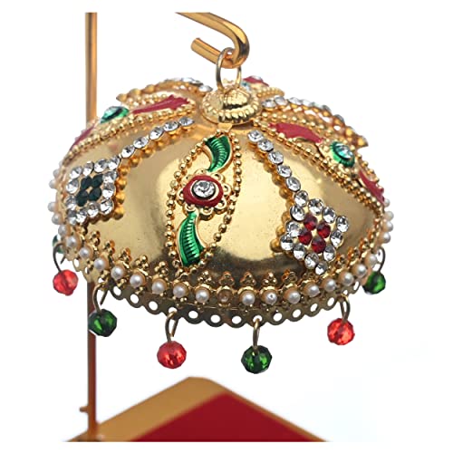Image of Metal Chhatra Umbrella with Hanging Crystals - Decorative Chatri Aasan for God Idol, Car Dashboard, Home Temple, Office Desk, Or Table Decor (M 11)