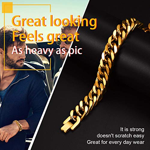ChainsPro Cuban Link Bracelet for Men, Mens Chain Bracelet,6/9/13mm Width, 7.48/8.26Inch Length, 316L Stainless Steel Bracelet/18K Gold Plated/Black- Send Gift Box4