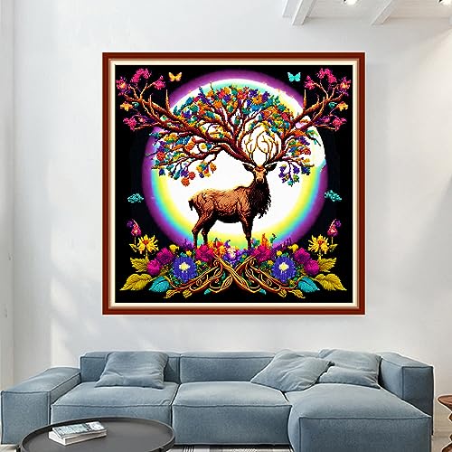 Image of Dimensean Stamped Cross Stitch Kits Full Range of Embroidery Patterns Starter Kits for Beginners Adult DIY Cross Stitches Needlepoint Kits 11CT-Elk Moon 17.7x17.7 inch