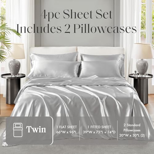 Image of Madison Park Essentials Satin Sheets Twin Size Bed Set, 4 Piece, Light Grey | Luxury and Smooth Silky Bedding with Natural Sheen, All Around Elastic 14 inch Pocket fits up to 16 inch Mattress, Year-Round Cozy