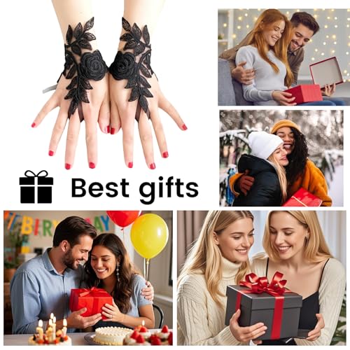 Spitzenhandschuhe Schwarz, Damen Feder Spitze Fingerlose Lange Handschuhe für Hochzeit Halloween Maleficent Kostüm