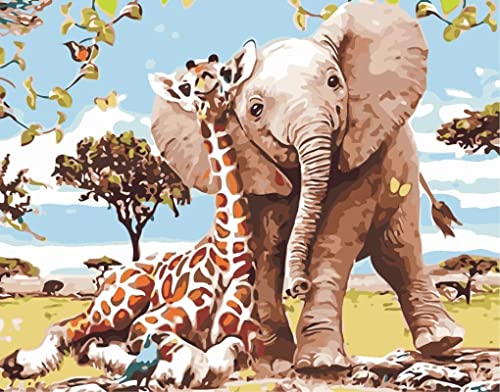 Fuumuui Malen Nach Zahlen Erwachsene und Kinder Anfänger Gemälde inklusive Pinsel und Acrylfarben 40 x 50 cm - Tiere, Elefant und Giraffe